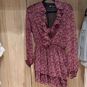 Zara Floral Ruffle Burgundy Maxi Dress